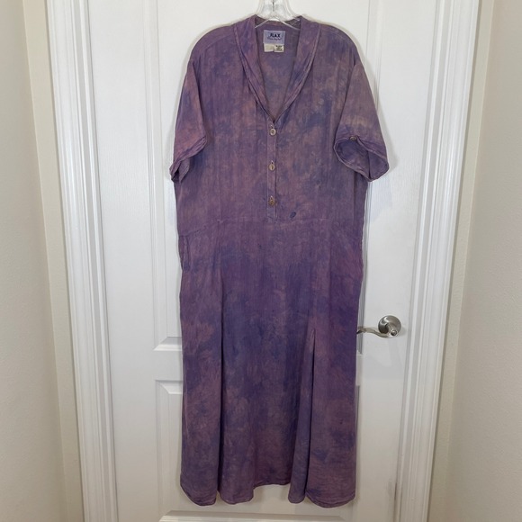 Flax Dresses & Skirts - FLAX‎ Tie Dye 100% Linen Maxi Dress Purple Lagenlook Short Sleeve Shawl Collar L